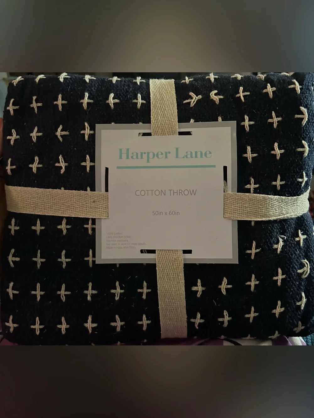 Harper Black Cotton Throw with Cream Cross Stitch Accents